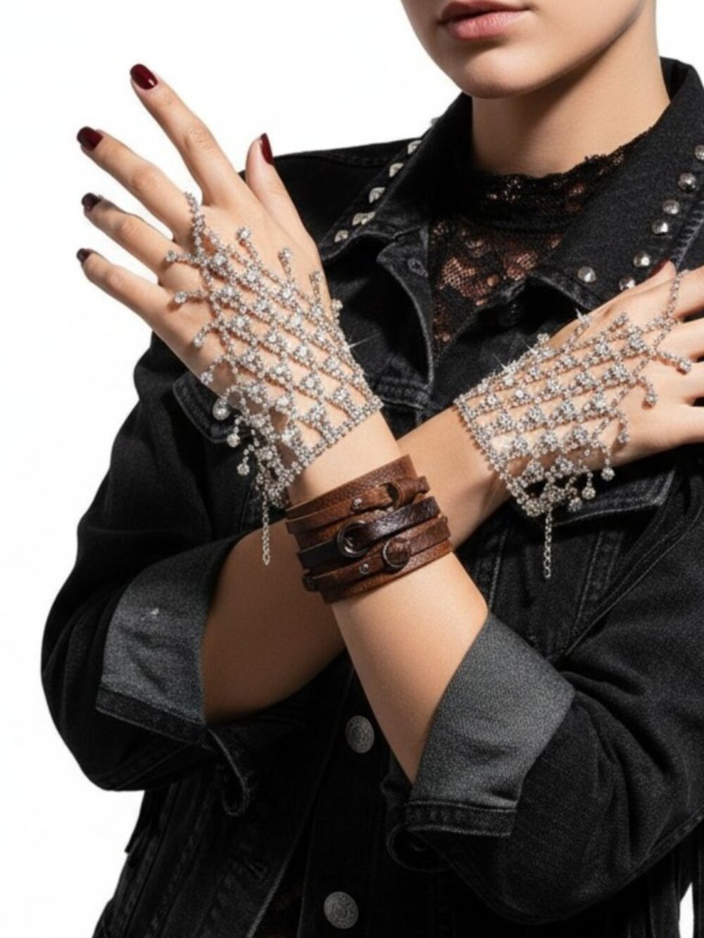 Silver Rhinestone Hand Chain Ring Bracelet NWT